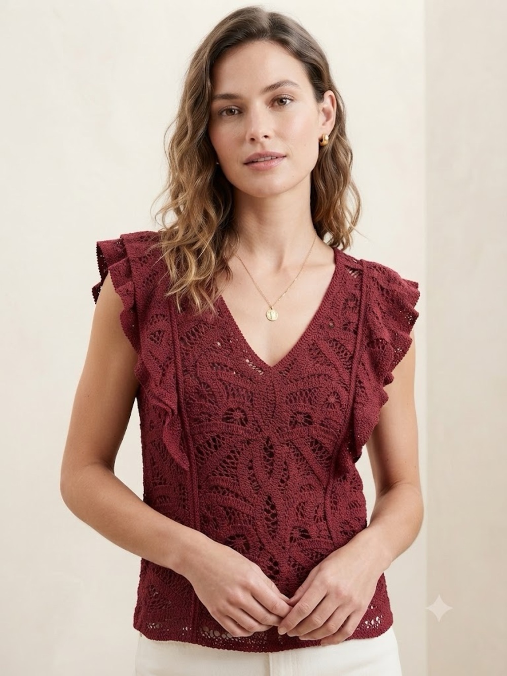 White House Black Market V-Neck Lace Knit Top in Deep Burgundy